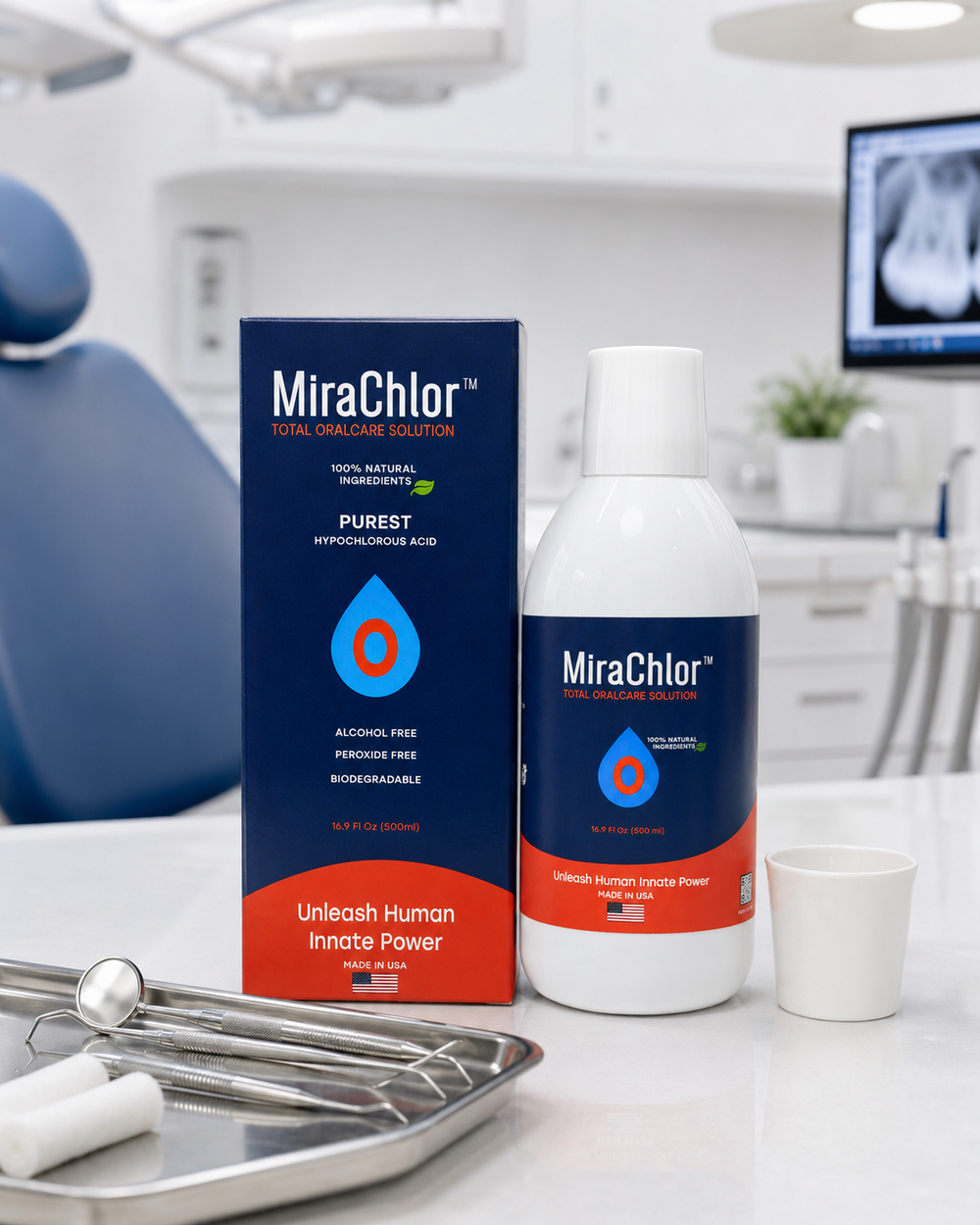 MiraChlor 500ml retail box and bottle on a dental practice counter