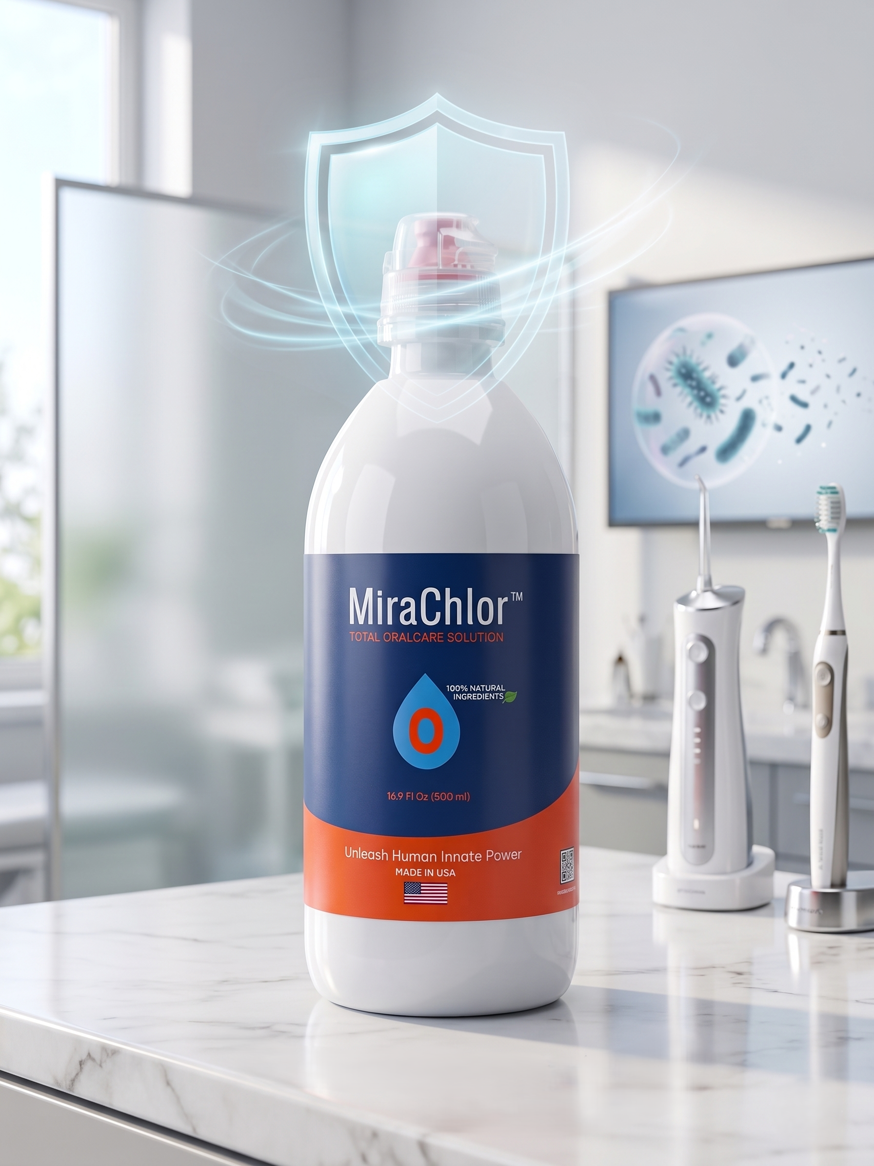 MiraChlor Oral Rinse 500ml bottle on bathroom counter