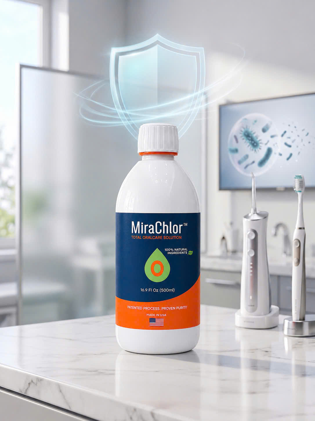 MiraChlor Oral Rinse 500ml bottle on bathroom counter
