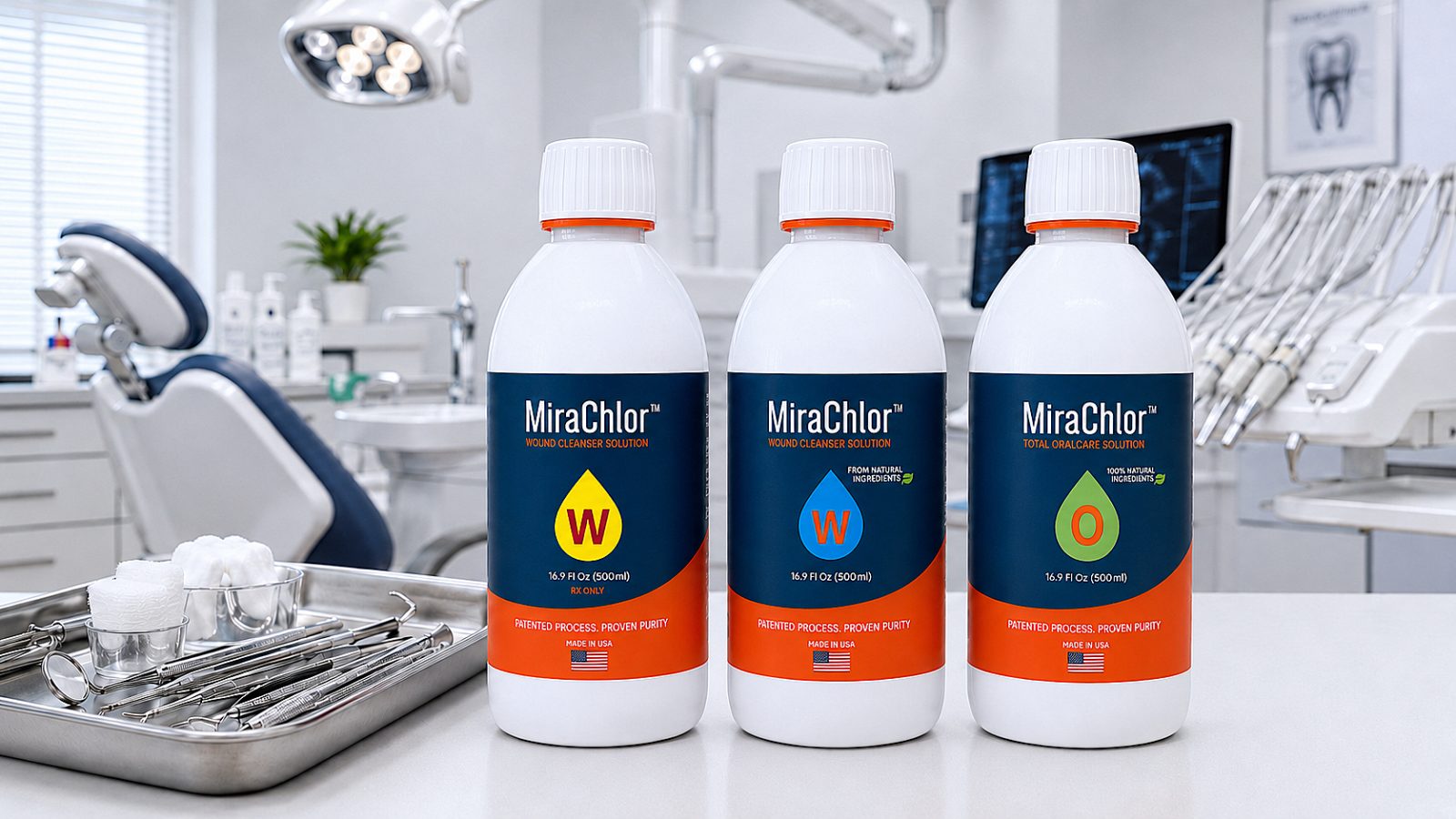 MiraChlor wound cleanser and oralcare bottles on a dental practice counter