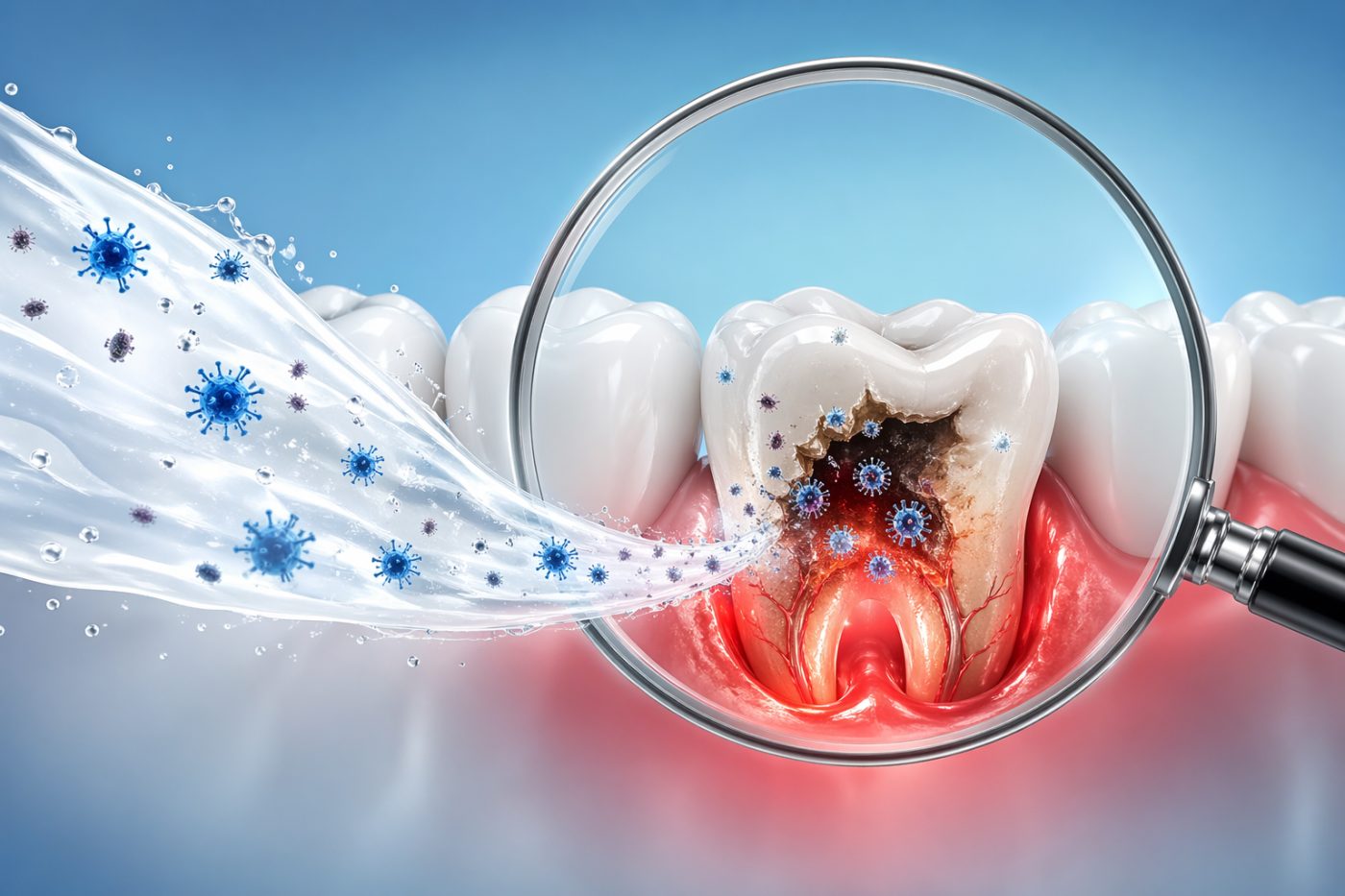 Hypochlorous acid clearing biofilm from a tooth surface