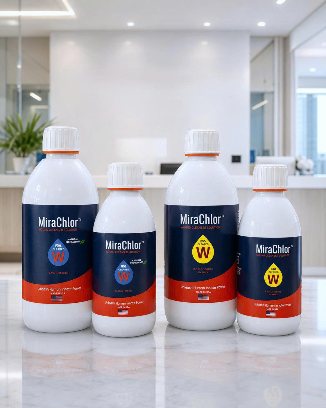 MiraChlor Wound Cleanser Solution — full product range in 250 ml and 500 ml, OTC and Rx, on a clinic countertop