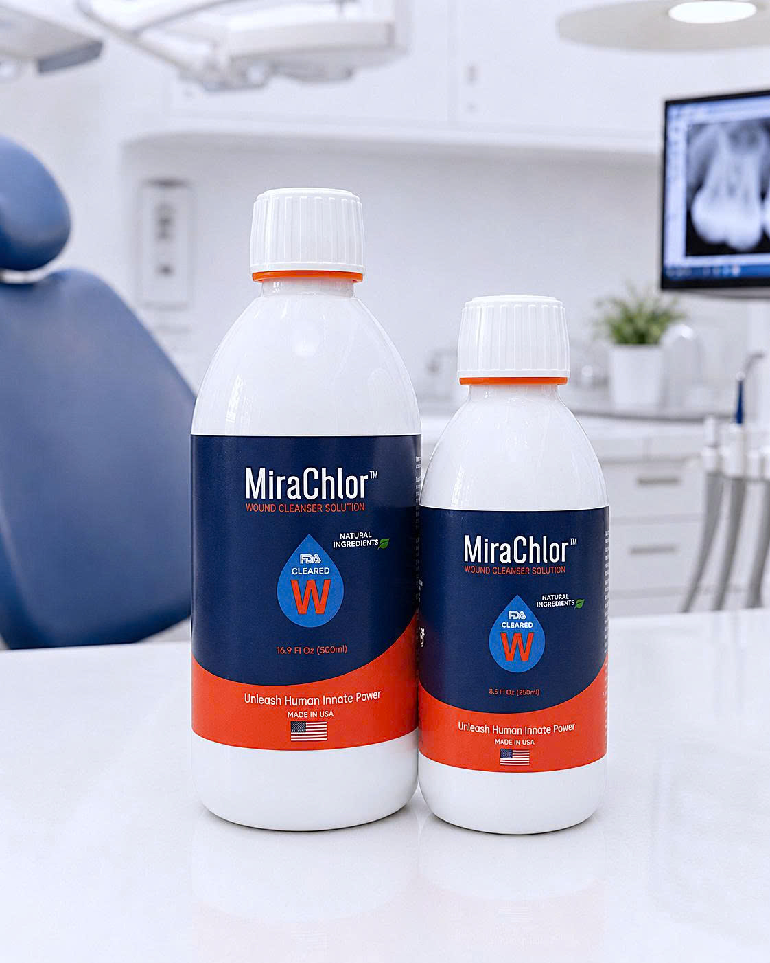 MiraChlor OTC bottles — 500 ml and 250 ml